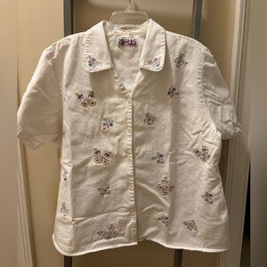 Vintage Bill Blass Embroidered Butterfly & Floral White Denim Button Down Shirt